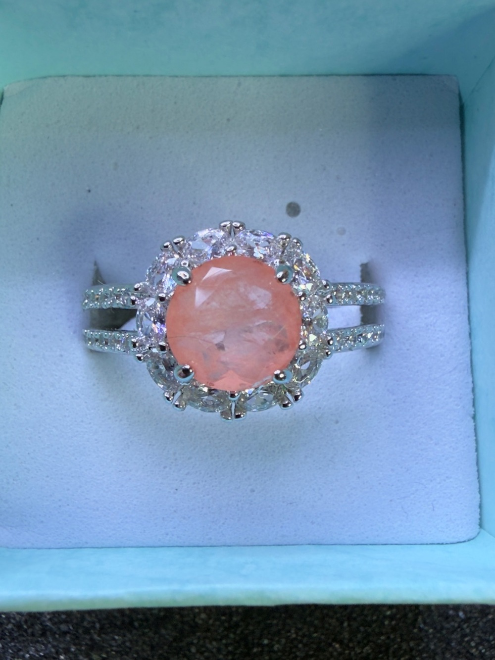 Peach Quartz Center Halo Ring in Rhodium Plated with Pavé Double Band 💎